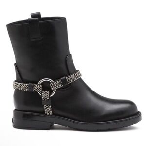KARL LAGERFELD VERNET LEATHER MOTO BOOTS WITH SMALL CHAIN LINK HARNESS SZ 8.5 M